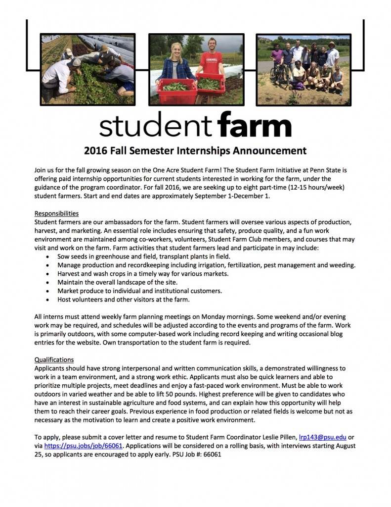 Apply to be an Intern!  Student Farm at Penn State